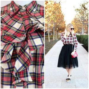 Ralph Lauren Iconic ✨ Tartan Plaid Ruffle Long Sleeve Blouse sz XL